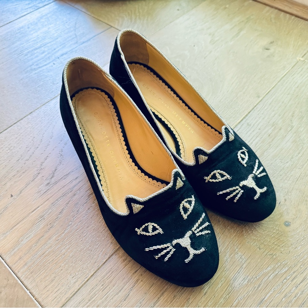Charlotte Olympia Black and Gold Cat Face Loafers